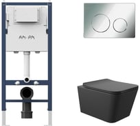 Комплект AM.PM I012709.0151 PrimeFit инсталляция для подвесного унитаза с клавишей PrimeFit L, хром глянц + Унитаз подвесной 520*370 безободковый, сиденье Soft-Close, черный матовый, форма квадрат I012709.0151Q0140