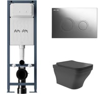Комплект AM.PM I012711.0151 ErgoFit инсталляция для подвес унитаза с клавишей ErgoFit L пластик, хром глянц + Унитаз подвесной 520*370 безободковый, сиденье Soft-Close, черный матовый, форма квадрат с выступом I012711.0151E0140