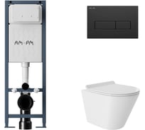 Комплект AM.PM I012711.0338 ErgoFit инсталляция для подвес унитаза с клавишей ErgoFit M пластик, черный матовый + Унитаз подвесной 480*360 безободковый, Vortex, сиденье Soft-Close, белый глянцевый, форма конус I012711.0338CV0110