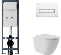 Комплект AM.PM I012711.0301 ErgoFit инсталляция для подвес унитаза с клавишей ErgoFit M пластик, белый глянцевый + Унитаз подвесной Long 520*365 безободковый, Vortex, сиденье Soft-Close, белый матовый, форма овал I012711.0301OV0220
