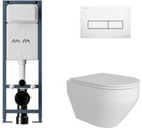 Комплект AM.PM I012711.0301 ErgoFit инсталляция для подвес унитаза с клавишей ErgoFit M пластик, белый глянцевый + FLUIRE 208 Унитаз подвесной безободковый, быстросъёмное сиденье с микролифтом, белый глян. I012711.0301AL.FLU40208.W