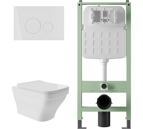 Комплект Alentori Инсталляция SITEMA панель смыва с круглыми кнопками, белый матовый + Унитаз подвесной 520х370 безободковый, сиденье Soft-Close, белый глянцевый, форма квадрат с выступом ALS.SIS1101.WHE0110 1