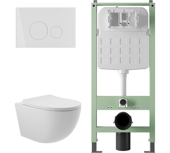 Комплект Alentori Инсталляция SITEMA, Панель смыва с круглыми кнопками, белый матовый + Унитаз подвесной 525*360 безободковый, сиденье Soft-Close, белый матовый, форма овал ALS.SIS1101.WHO0120 1