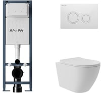 Комплект ErgoFit инсталляция для подвес унитаза с клавишей ErgoFit L пластик, белый глянцевый + Унитаз подвесной Long 520х365 безободковый, Vortex, сиденье Soft-Close, белый матовый, форма овал AM.PM I012711.0101OV0220