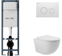 Комплект ErgoFit инсталляция для подвес унитаза с клавишей ErgoFit L пластик, белый глянцевый + Унитаз подвесной 525х360 безободковый, сиденье Soft-Close, белый матовый, форма овал AM.PM I012711.0101O0120