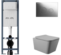 Комплект ErgoFit инсталляция для подвес унитаза с клавишей ErgoFit L пластик, хром глянц + Унитаз подвесной 520х370 безободковый, сиденье Soft-Close, серый матовый, форма квадрат AM.PM I012711.0151Q0130