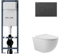 Комплект AM.PM I012711.0138 ErgoFit инсталляция для подвес унитаза с клавишей ErgoFit L пластик, черный матовый + Унитаз подвесной 525*360 безободковый, сиденье Soft-Close, белый матовый, форма овал I012711.0138O0120