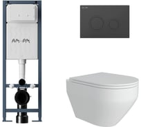 Комплект AM.PM I012711.0138 ErgoFit инсталляция для подвесного унитаза с клавишей ErgoFit L пластик, черный матовый + FLUIRE 208 Унитаз подвесной безободковый, быстросъёмное сиденье с микролифтом, белый глян. I012711.0138AL.FLU40208.W