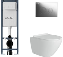 Комплект AM.PM I012711.0151 ErgoFit инсталляция для подвесного унитаза с клавишей ErgoFit L пластик, хром глянц + FLUIRE Унитаз подвесной безободковый, быстросъёмное сиденье с микролифтом, белый глян. I012711.0151AL.FLU40106.W