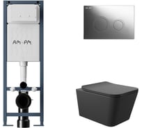 Комплект AM.PM I012711.0151 ErgoFit инсталляция для подвес унитаза с клавишей ErgoFit L пластик, хром глянц + Унитаз подвесной 520х370 безободковый, сиденье Soft-Close, черный матовый, форма квадрат I012711.0151Q0140