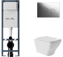 Комплект AM.PM I012711.0151 ErgoFit инсталляция для подвес унитаза с клавишей ErgoFit L пластик, хром глянц + Унитаз подвесной 520х370 безободковый, сиденье Soft-Close, белый глянцевый, форма квадрат с выступом I012711.0151E0110