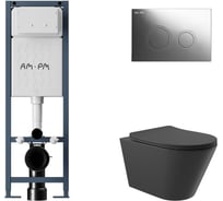 Комплект AM.PM I012711.0151 ErgoFit инсталляция для подвес унитаза с клавишей ErgoFit L пластик, хром глянц + Унитаз подвесной 525х360 безободковый, сиденье Soft-Close, черный матовый, форма конус I012711.0151C0140