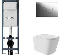 Комплект AM.PM I012711.0151 ErgoFit инсталляция для подвес унитаза с клавишей ErgoFit L пластик, хром глянц + Унитаз подвесной Long 525х345 безободковый, Vortex, сиденье Soft-Close, белый матовый, форма квадрат I012711.0151QV0220
