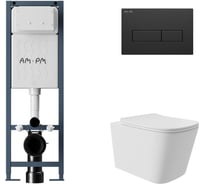 Комплект AM.PM I012711.0338 ErgoFit инсталляция для подвес унитаза с клавишей ErgoFit M пластик, черный матовый + Унитаз подвесной Long 525х345 безободковый, Vortex, сиденье Soft-Close, белый матовый, форма квадрат I012711.0338QV0220
