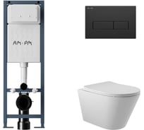 Комплект AM.PM I012711.0338 ErgoFit инсталляция для подвес унитаза с клавишей ErgoFit M пластик, черный матовый + Унитаз подвесной 525х360 безободковый, сиденье Soft-Close, белый матовый, форма конус I012711.0338C0120