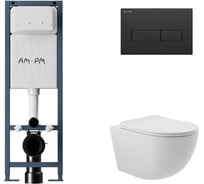 Комплект AM.PM I012711.0338 ErgoFit инсталляция для подвес унитаза с клавишей ErgoFit M пластик, черный матовый + Унитаз подвесной 525х360 безободковый, сиденье Soft-Close, белый матовый, форма овал I012711.0338O0120