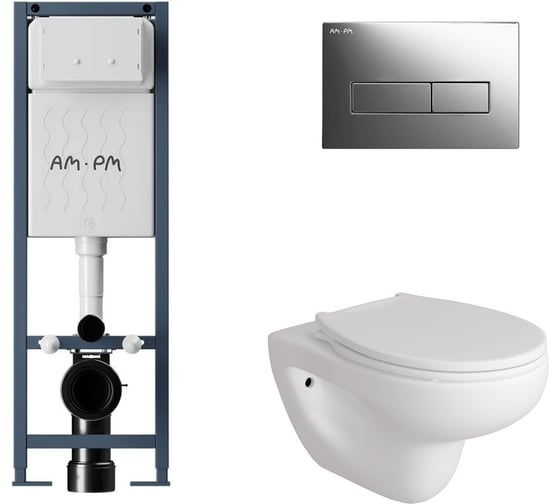 Комплект AM.PM I012711.0351 ErgoFit инсталляция для подвес унитаза с клавишей ErgoFit M пластик, хром глянц + FLUIRE 901 Унитаз подвесной безободковый, быстросъёмное сиденье с микролифтом, белый глян. I012711.0351AL.FLU40901.W 1