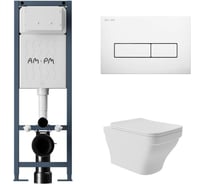 Комплект AM.PM I012711.0301 ErgoFit инсталляция для подвес унитаза с клавишей ErgoFit M пластик, белый глянцевый + Унитаз подвесной 520х370 безободковый, сиденье Soft-Close, белый матовый, форма квадрат с выступом I012711.0301E0120
