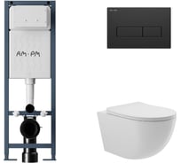 Комплект AM.PM I012711.0338 ErgoFit инсталляция для подвес унитаза с клавишей ErgoFit M пластик, черный матовый + Унитаз подвесной 525х360 безободковый, сиденье Soft-Close, белый глянцевый, форма овал I012711.0338O0110