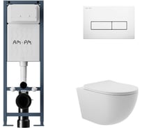 Комплект AM.PM I012711.0301 ErgoFit инсталляция для подвес унитаза с клавишей ErgoFit M пластик, белый глянцевый + Унитаз подвесной 525х360 безободковый, сиденье Soft-Close, белый матовый, форма овал I012711.0301O0120
