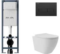 Комплект AM.PM I012711.0338 ErgoFit инсталляция для подвес унитаза с клавишей ErgoFit M пластик, черный матовый + Унитаз подвесной Long 520х365 безободковый, Vortex, сиденье Soft-Close, белый матовый, форма овал I012711.0338OV0220
