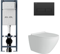 Комплект AM.PM I012711.0338 ErgoFit инсталляция для подвесной унитаза с клавишей ErgoFit M пластик, черный матовый + FLUIRE Унитаз подвесной безободковый, быстросъёмное сиденье с микролифтом, белый глян. I012711.0338AL.FLU40106.W