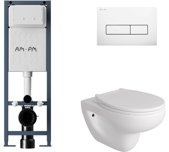 Комплект AM.PM I012711.0301 ErgoFit инсталляция для подвес унитаза с клавишей ErgoFit M пластик, белый глянцевый + FLUIRE 901 Унитаз подвесной безободковый, быстросъёмное сиденье с микролифтом, белый глян. I012711.0301AL.FLU40901.W 1