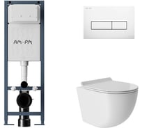 Комплект AM.PM I012711.0301 ErgoFit инсталляция для подвес унитаза с клавишей ErgoFit M пластик, белый глянцевый + Унитаз подвесной 480х360 безободковый, Vortex, сиденье Soft-Close, белый глянцевый, форма овал I012711.0301OV0110
