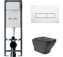 Комплект AM.PM I012711.0301 ErgoFit инсталляция для подвес унитаза с клавишей ErgoFit M пластик, белый глянцевый + Унитаз подвесной 520х370 безободковый, сиденье Soft-Close, черный матовый, форма квадрат с выступом I012711.0301E0140