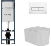 Комплект AM.PM I012711.0301 ErgoFit инсталляция для подвесного унитаза с клавишей ErgoFit M пластик, белый глянцевый + FLUIRE 2101 Vortex Унитаз подвесной безободковый, быстросъёмное сиденье с микролифтом, белый глян. I012711.0301AL.FLU42101.V.W