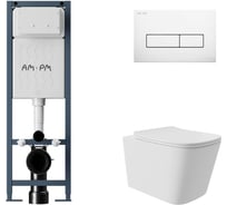 Комплект AM.PM I012711.0301 ErgoFit инсталляция для подвес унитаза с клавишей ErgoFit M пластик, белый глянцевый + Унитаз подвесной Long 525х345 безободковый, Vortex, сиденье Soft-Close, белый матовый, форма квадрат I012711.0301QV0220