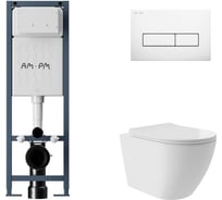 Комплект AM.PM I012711.0301 ErgoFit инсталляция для подвес унитаза с клавишей ErgoFit M пластик, белый глянцевый + Унитаз подвесной Long 520х365 безободковый, Vortex, сиденье Soft-Close, белый глянцевый, форма овал I012711.0301OV0210