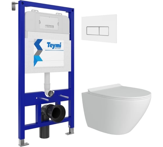 Инсталляция с унитазом комплект 5 в 1 Teymi унитаз подвесной безободковый Lina Pro кнопка белая / хром F13387 1
