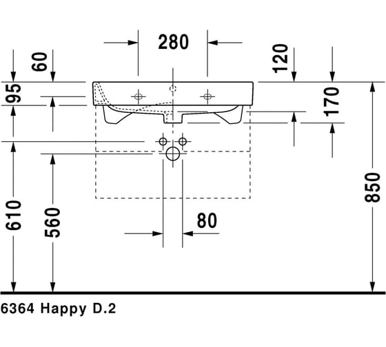 Раковина для мебели Duravit Happy D.2 650х505 мм, хром, 1 готовое отверстие под смеситель 00000030670 2318650000