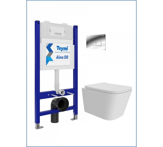 Инсталляция с унитазом комплект 5 в 1 Teymi унитаз подвесной безободковый Helmi Pro кнопка хром F15961 ЦБ-00285764 1