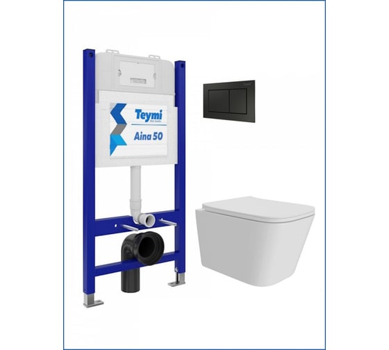 Инсталляция с унитазом комплект 5 в 1 Teymi унитаз подвесной безободковый Helmi Pro кнопка черная F15974 ЦБ-00285760 1