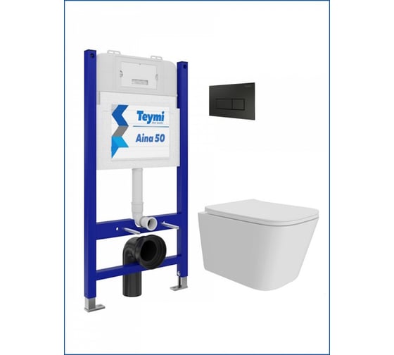 Инсталляция с унитазом комплект 5 в 1 Teymi унитаз подвесной безободковый Helmi Pro кнопка черная F15962 ЦБ-00285759 1