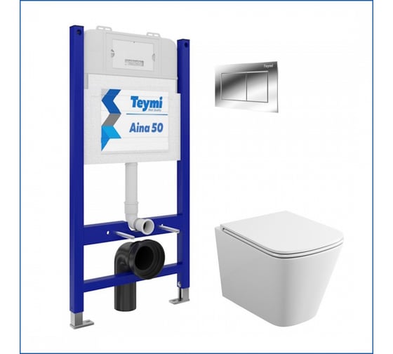 Инсталляция с унитазом комплект 5 в 1 Teymi унитаз подвесной безободковый Helmi S кнопка хром F00543 ЦБ-00285753 1