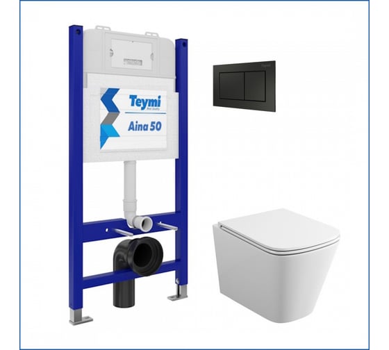 Инсталляция с унитазом комплект 5 в 1 Teymi унитаз подвесной безободковый Helmi S кнопка черная F00544 ЦБ-00285772 1