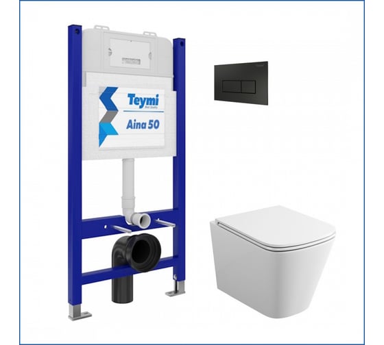 Инсталляция с унитазом комплект 5 в 1 Teymi унитаз подвесной безободковый Helmi S кнопка черная F00540 ЦБ-00285749 1