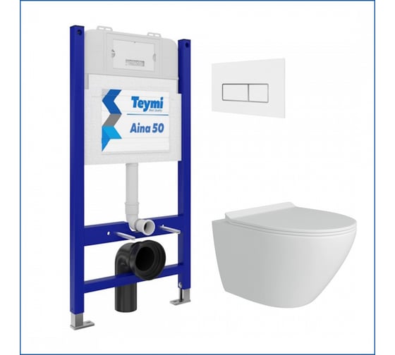 Инсталляция с унитазом комплект 5 в 1 Teymi унитаз подвесной безободковый Lina Pro кнопка белая / хром F13513 ЦБ-00285761 1