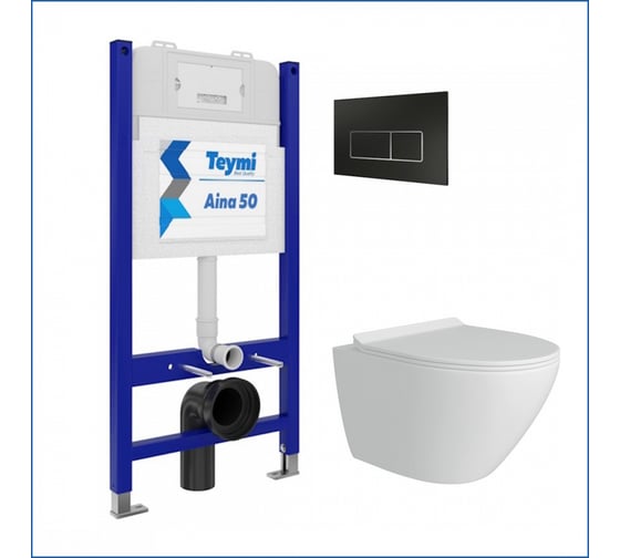 Инсталляция с унитазом комплект 5 в 1 Teymi унитаз подвесной безободковый Lina Pro кнопка черная/хром F13512 ЦБ-00284695 1