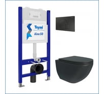 Инсталляция с унитазом комплект 5 в 1 Teymi унитаз подвесной безободковый черный Lina S Black кнопка черная F07254 ЦБ-00284693