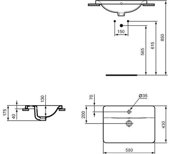 Умывальник встраиваемый на столешницу Ideal Standard CONNECT прямоугольный, 58х42 см E504401