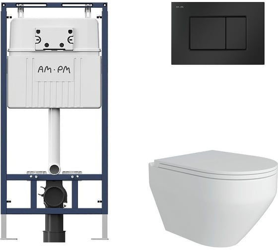 Комплект AM.PM MasterFit инсталляция для подвесного унитаза с клавишей ProC S, мат.черный + FLUIRE 208 Унитаз подвесной безободковый, быстросъёмное сиденье с микролифтом, белый глян. I012710.0238AL.FLU40208.W 1