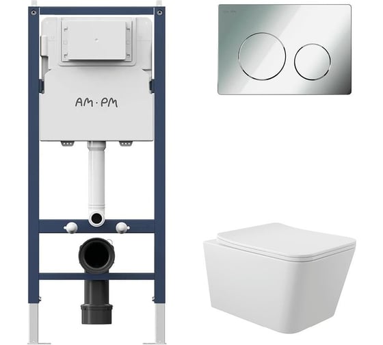 Комплект AM.PM I012709.0151 PrimeFit инсталляция для подвесного унитаза с клавишей PrimeFit L, хром глянц + Унитаз подвесной Long 525*345 безободковый, Vortex, сиденье Soft-Close, белый глянцевый, форма квадрат I012709.0151QV0210 1