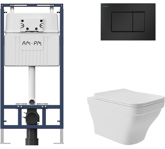 Комплект AM.PM MasterFit инсталляция для подвесного унитаза с клавишей ProC S, мат.черный + Унитаз подвесной 520*370 безободковый, сиденье Soft-Close, белый матовый, форма квадрат с выступом I012710.0238E0120 1