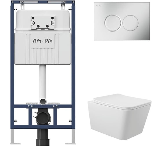 Комплект AM.PM MasterFit инсталляция для подвесного унитаза с клавишей ProC L, мат.хром + Унитаз подвесной Long 525*345 безободковый, Vortex, сиденье Soft-Close, белый глянцевый, форма квадрат I012710.0131QV0210 1