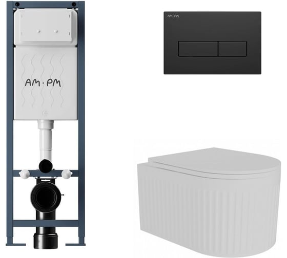 Комплект AM.PM I012711.0338 ErgoFit инсталляция для подвес унитаза с клавишей ErgoFit M пластик, черный матовый + FLUIRE 2101 Vortex Унитаз подвесной безободковый, быстросъёмное сиденье с микролифтом, белый глян. I012711.0338AL.FLU42101.V.W 1