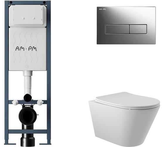 Комплект AM.PM I012711.0351 ErgoFit инсталляция для подвес унитаза с клавишей ErgoFit M пластик, хром глянц + Унитаз подвесной 525*360 безободковый, сиденье Soft-Close, белый матовый, форма конус I012711.0351C0120 1